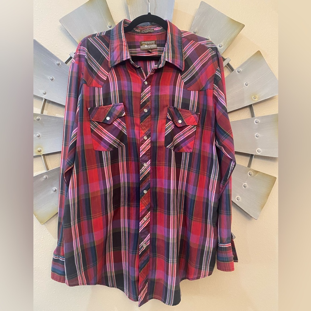 Plainsman Vintage snap button plaid shirt 2XL Tall. Soft cotton blend.